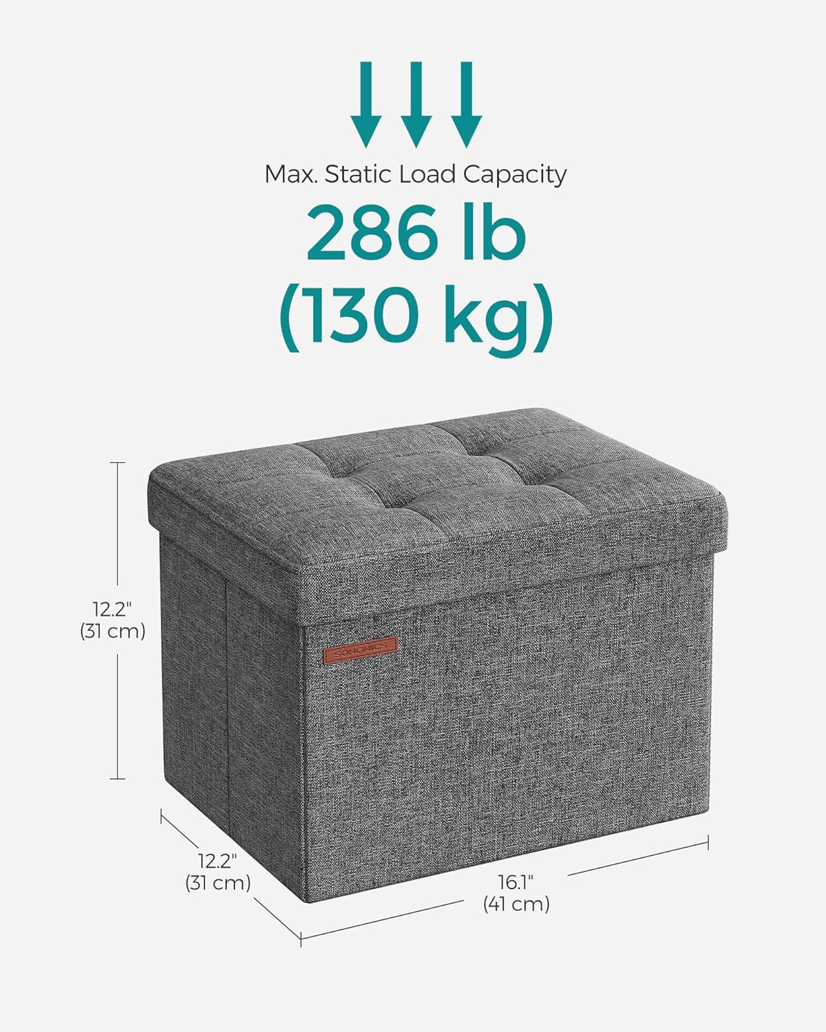 SONGMICS Mazie Collection - Small Folding Storage Ottoman, Foot Rest Stool, 12.2 x 16.1 x 12.2 Inches, 286 lb Load Capacity, for Living Room, Bedroom, Home Office, Dorm, Dark Gray ULSF102G01