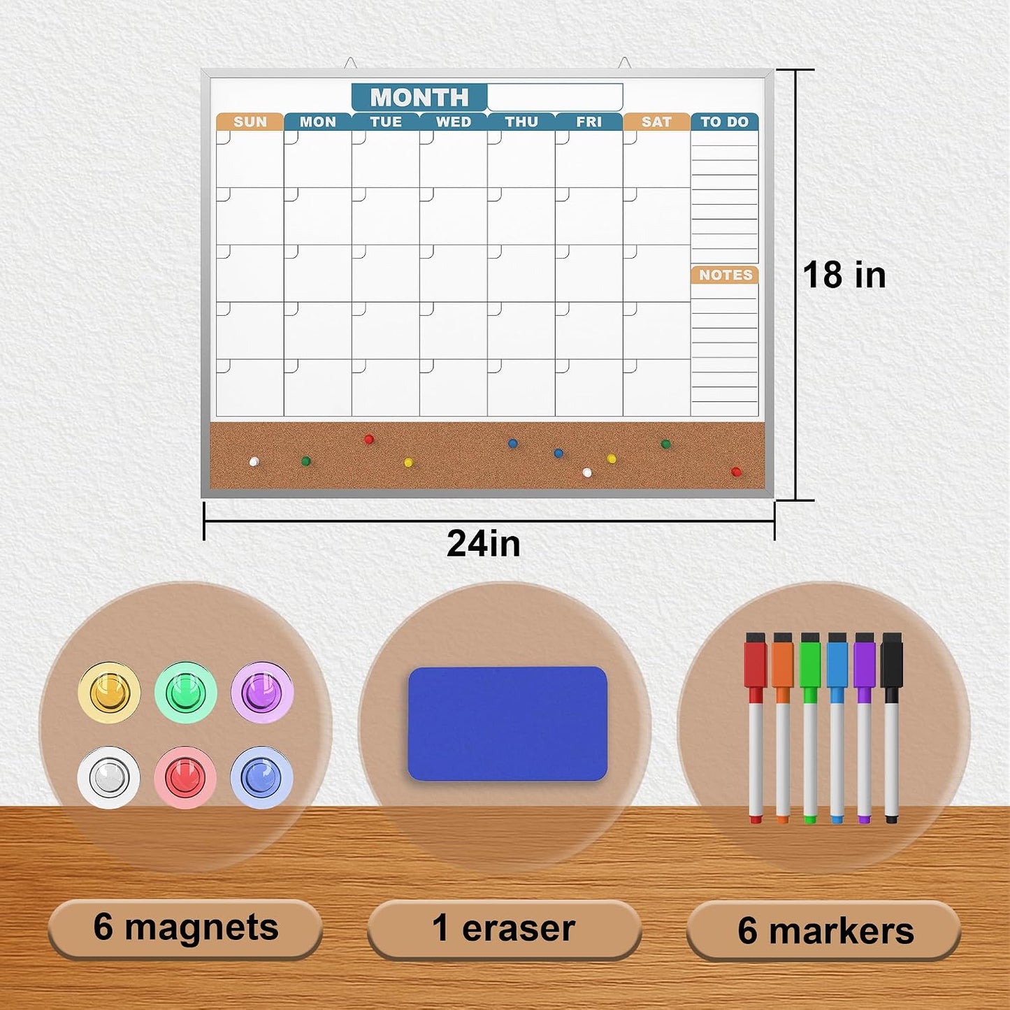 Monthly Calendar Dry Erase Board 16x12 Inch, Double-Sided Whiteboard and Corkboard Combo, Wall Mounted Planner Organizer with Markers, Magnets, Push Pins, Eraser, for Home Office School