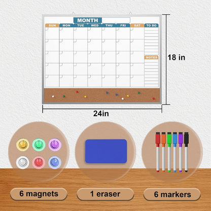Monthly Calendar Dry Erase Board 16x12 Inch, Double-Sided Whiteboard and Corkboard Combo, Wall Mounted Planner Organizer with Markers, Magnets, Push Pins, Eraser, for Home Office School