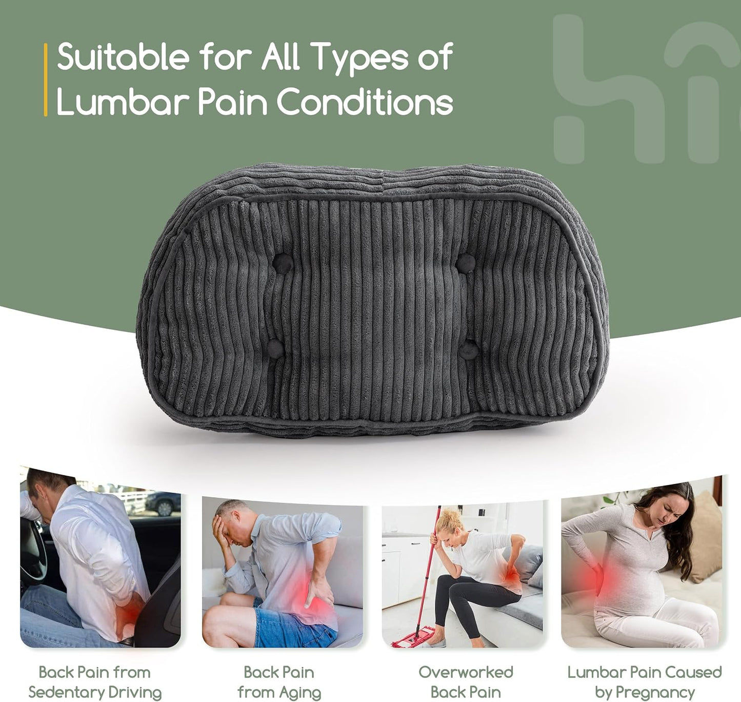 HIGOGOGO Lumbar Support Pillow for Recliner Chair/Accent Chair/Couch/Office Chair, Tufted Corduroy Back Support Cushion for Elderly, Recliner Cushions for Back Rest, Pain Relief, Reading, Brown