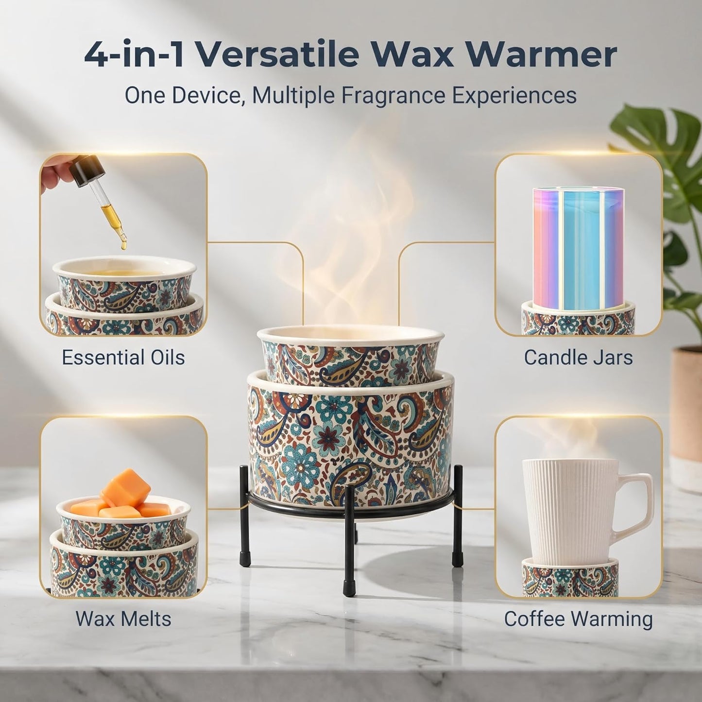 NAFANG Blue & White Porcelain Pattern Wax Melt Warmer,Ceramic 3-in-1 Electric Candle Wax Warmer for Scented Wax Melter Oil Burner for Home Office Bedroom Gift & Decor (with KD Iron Shelf)