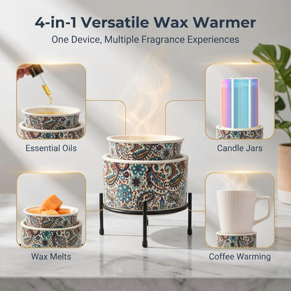 NAFANG Blue & White Porcelain Pattern Wax Melt Warmer,Ceramic 3-in-1 Electric Candle Wax Warmer for Scented Wax Melter Oil Burner for Home Office Bedroom Gift & Decor (with KD Iron Shelf)