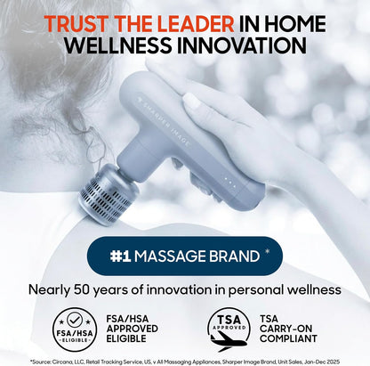 Sharper Image Deep Tissue Percussion Massage Gun, Powerboost Move Evo Hot & Cold Rechargeable Handheld Massager, 4 Adjustable Speeds, 5 Attachment Heads & Carrying Case, for Muscle Pain Relief, Blue