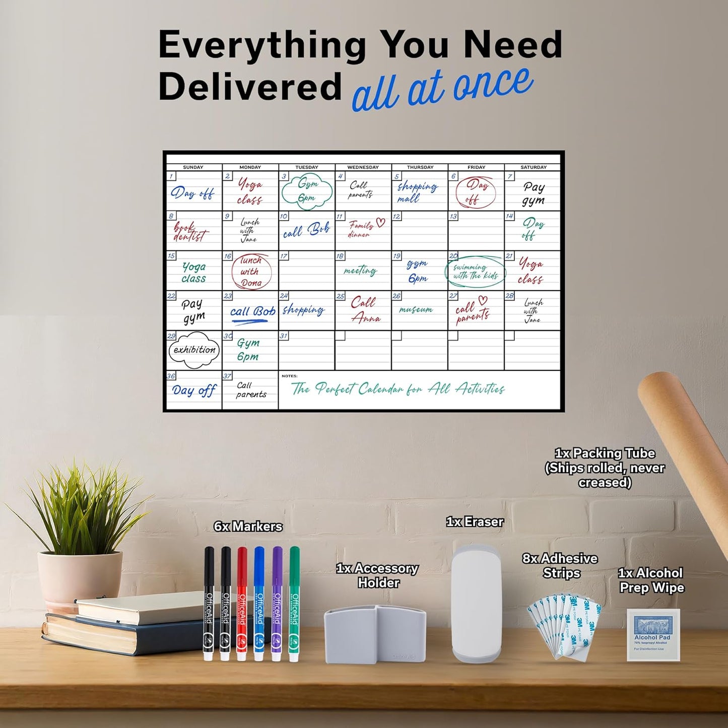 Large Dry Erase Calendar for Wall 36x48, Big Classroom Giant Month, Undated Reusable Family Monthly, Rolled Whiteboard White Board, Calendar Dry Erase Planner for Wall Erasable Large Office 48x36