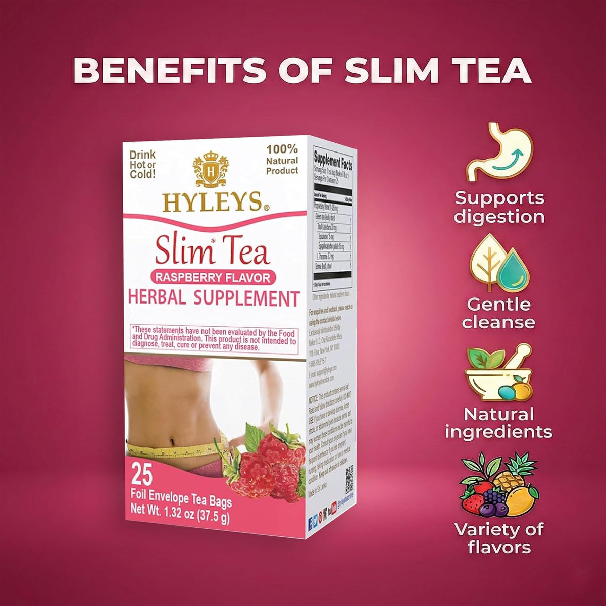 HYLEYS Slim Tea Raspberry Flavor, Detox Tea for Weight Loss, 25 Tea Bags