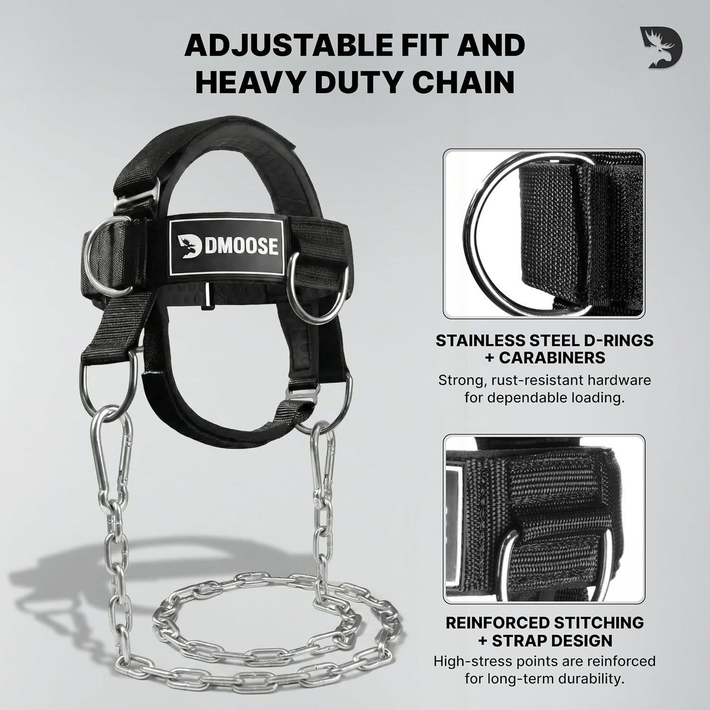 DMoose Fitness Neck Harness for Weight Lifting - Soft Padded Head & Chin Strap with 30" Heavy Duty Steel Chain - Neck Exerciser, Trainer & Strengthener to Support Injury Recovery and Intense Workouts