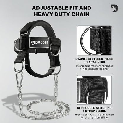 DMoose Fitness Neck Harness for Weight Lifting - Soft Padded Head & Chin Strap with 30" Heavy Duty Steel Chain - Neck Exerciser, Trainer & Strengthener to Support Injury Recovery and Intense Workouts