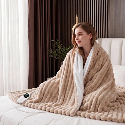 IUUI Heated Throw Blanket, Ultrasoft 3D Striped Heating Blanket with 6 Heat Levels & 1-10H Auto Off Timer, Overheat Protection, Detachable Controller Machine Washable(Cream, Throw 50" x 60")