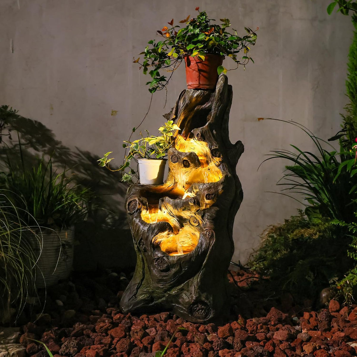 Sunlinua Water Fountain Outdoor, 5-Tier Cascading Realistic Tree Waterfall