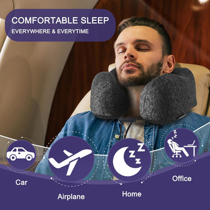 napfun Neck Pillow for Traveling, Upgraded Travel Neck Pillow for Airplane 100% Pure Memory Foam Travel Pillow for Flight Headrest Sleep, Portable Plane Accessories, Light Grey