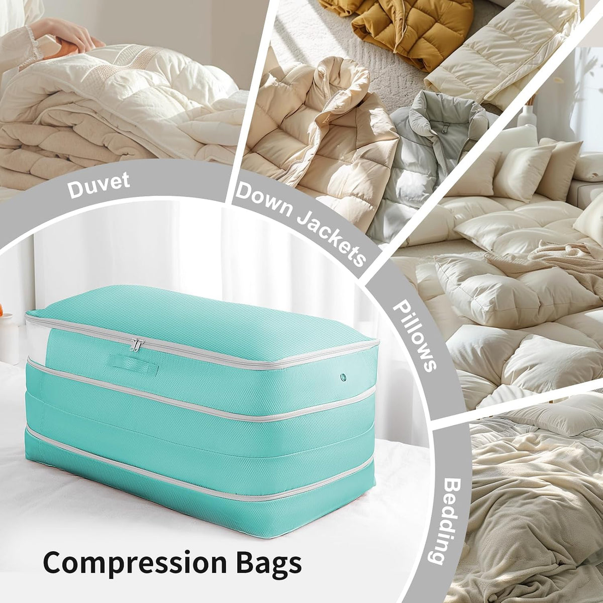 Comforter Storage Bag - Large Capacity Bedding Storage Bags Ultra Space Saving Self Compression Organizer, Washable Compression Bags for Storage Comforter Blanket Duvet Pillow, Beige