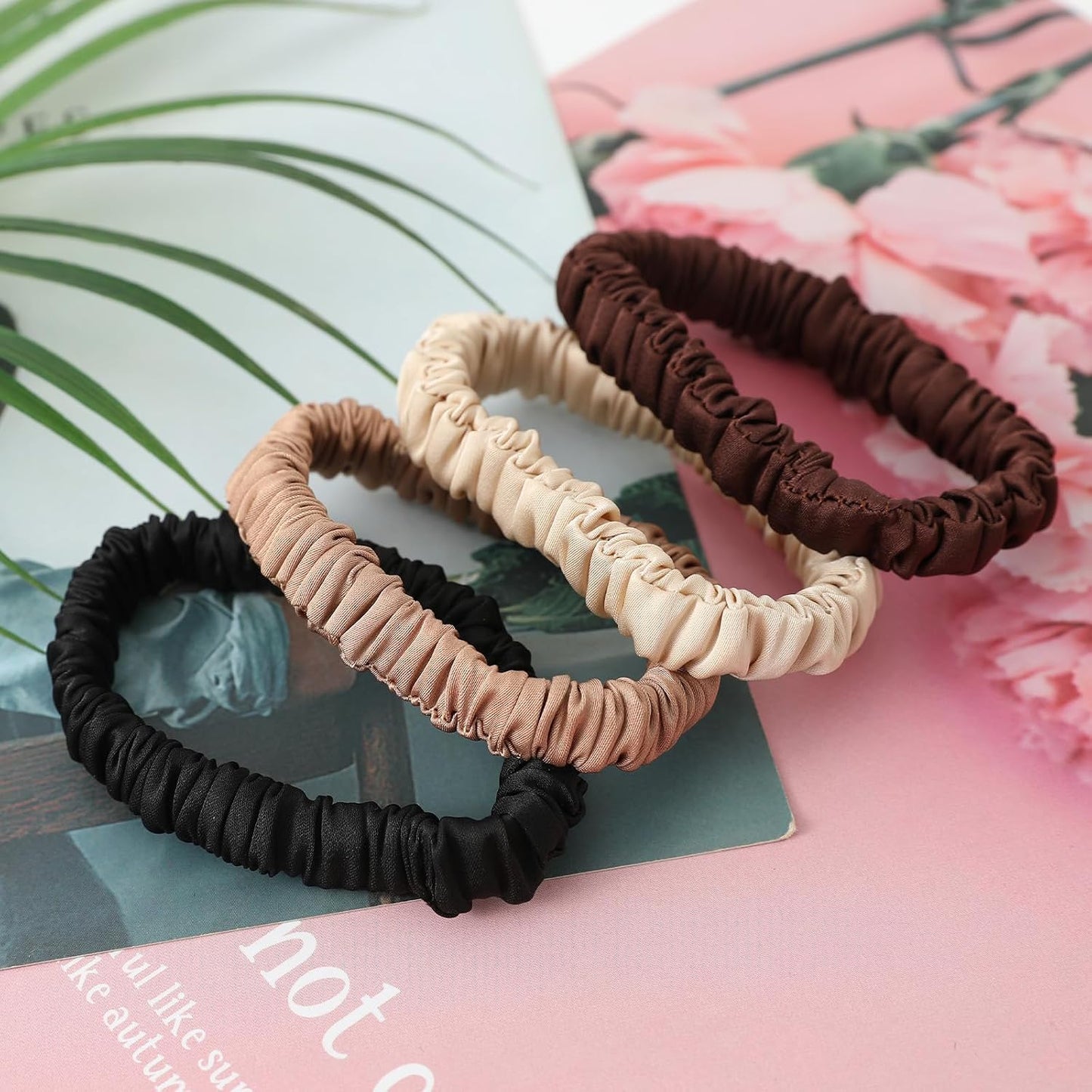 4Pcs Mulberry Silk Scrunchies Set, Silk Hair Ties Elastic for Women, Skinny Scrunchies Reduces Breakage for All Hair Types