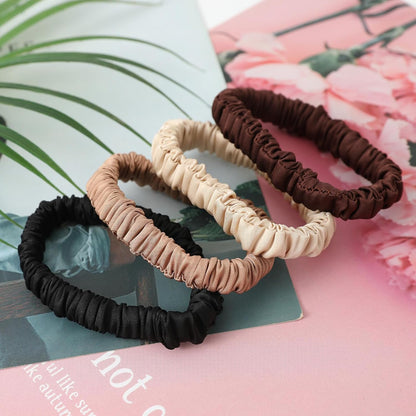 4Pcs Mulberry Silk Scrunchies Set, Silk Hair Ties Elastic for Women, Skinny Scrunchies Reduces Breakage for All Hair Types