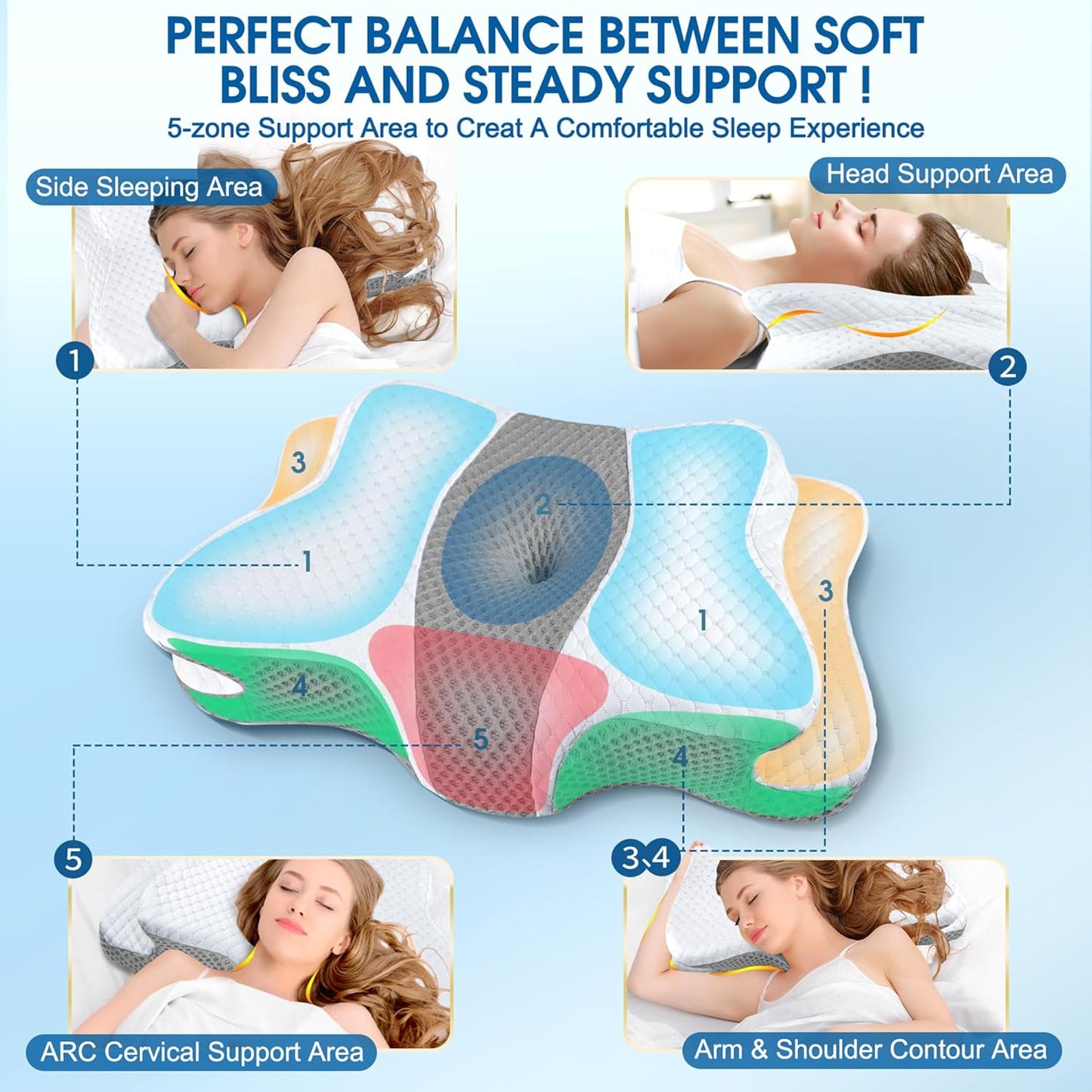 CHxxy Cervical Neck Pillow for Pain Relief Sleeping, Memory Foam Pillows, Ergonomic Side Sleeper Pillows, Cooling Orthopedic Neck Support Pillow for Back Stomach Sleepers-Queen Size Grey&Grey