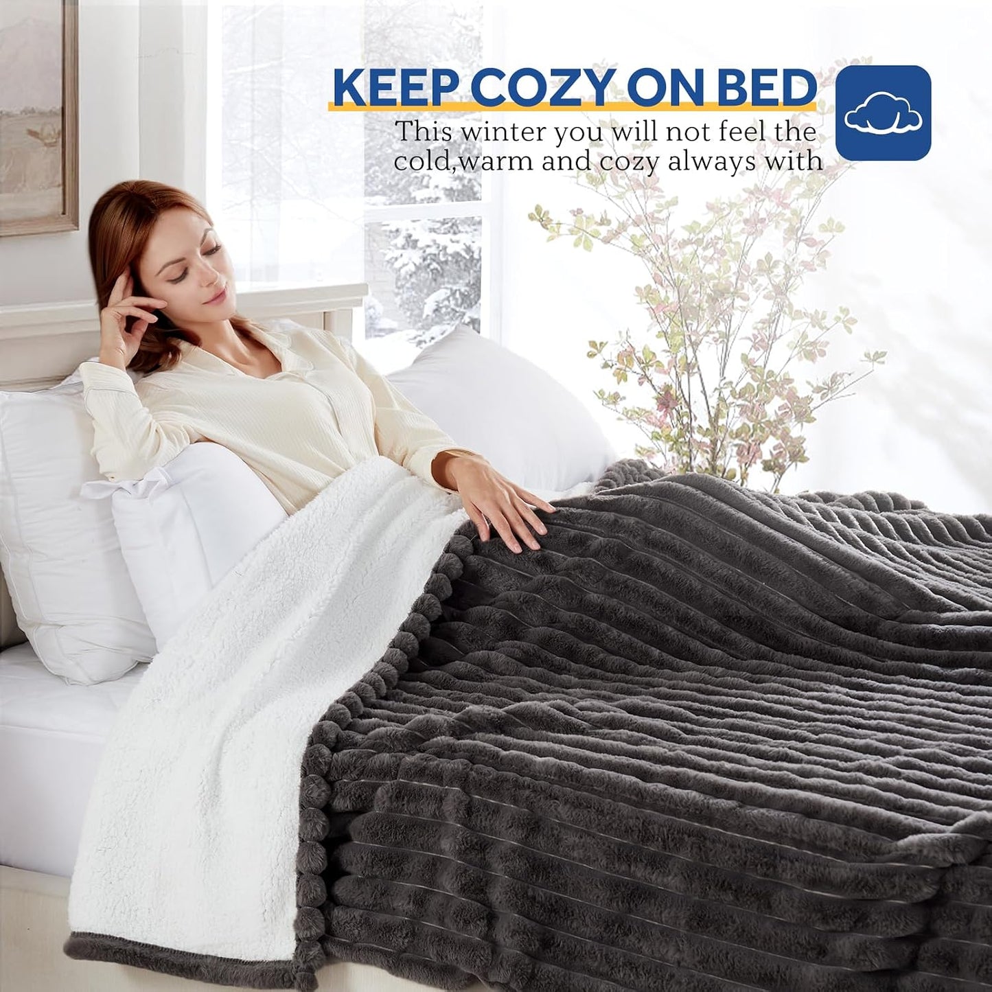 Sealy Electric Blanket Throw Size 50"*60",Super Cozy Faux Fur to Sherpa Reversible Heated Blanket Throw with 6 Heating Levels & 2-10 Hours Auto Off Overheating Protection Machine Washable,Blue White