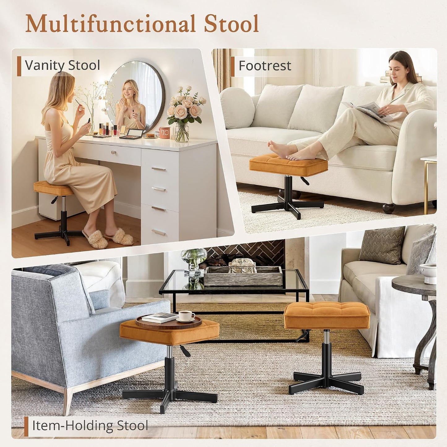 LUE BONA Adjustable Vanity Stool, Foot Rest Under Desk, 360° Swivel Vanity Chair for Makeup Room, Black Upholstered Faux Leather Ottoman for Bathroom & Living Room, 300lbs