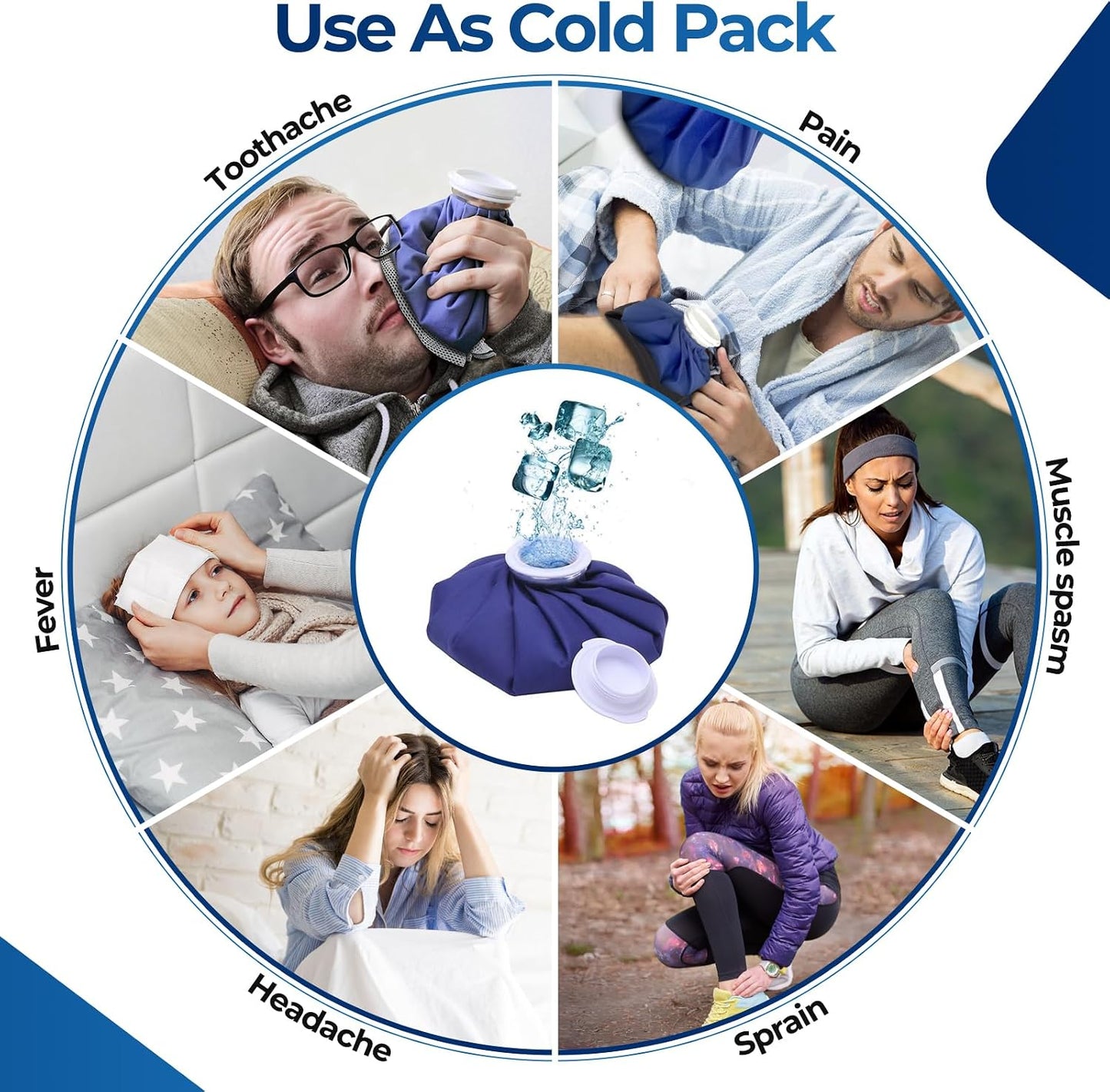 Ice Bags for Injuries Reusable: Ohuhu 3 Packs Ice Cold Packs with Wrap Ice Bag Hot Water Hot & Cold Therapy Pain Relief for Knee Leg Injury No-Leak Waterproof Ice Bags 3 Sizes 6"/9"/11", Blue