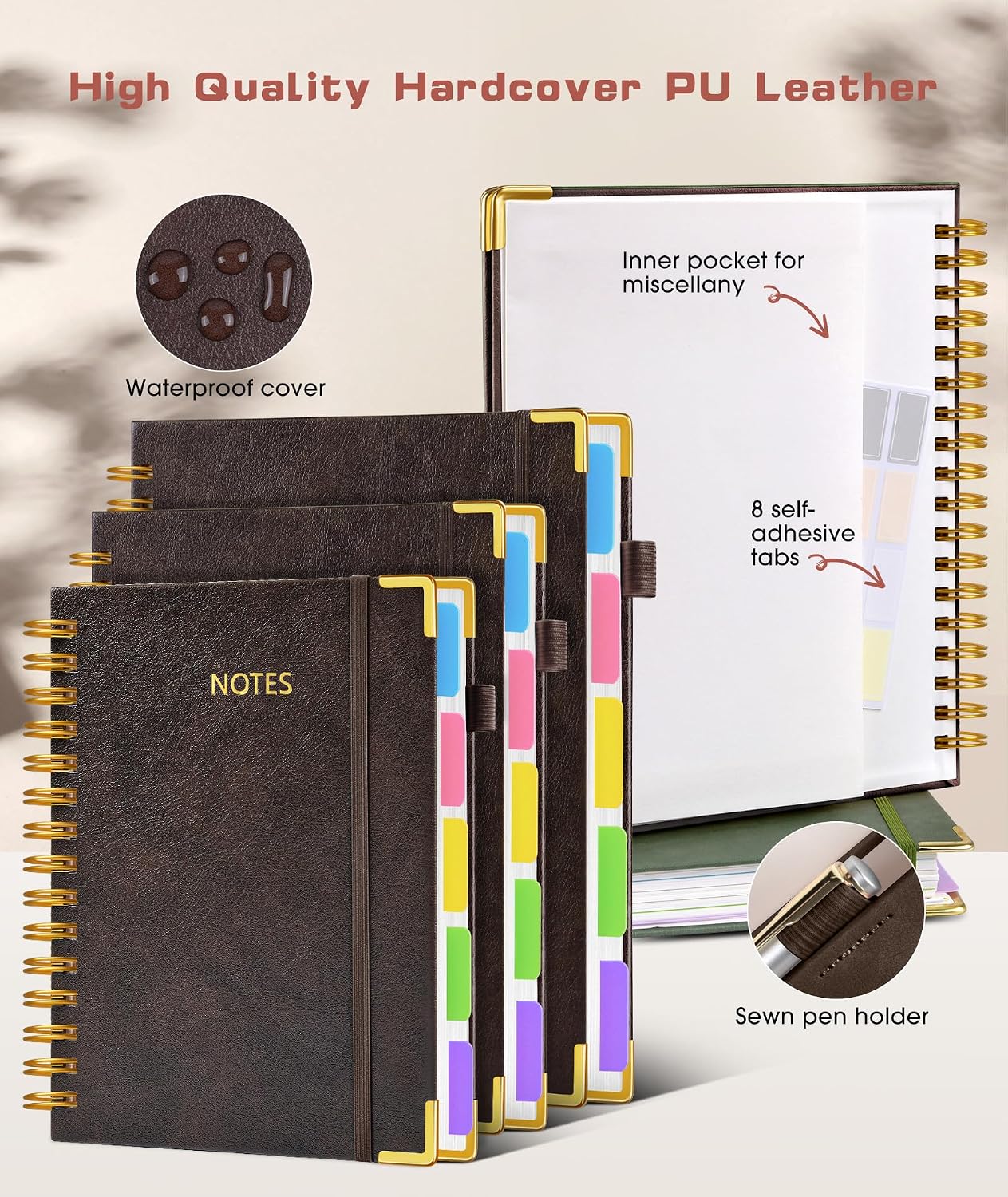 Hardcover Spiral Notebook journal with Removable Dividers Tabs, 300 Pages Leather 5 Subject Notebook College Ruled, 8"x10" Large B5 Notebooks for Work School Note taking, Lined Journal for Women,Black