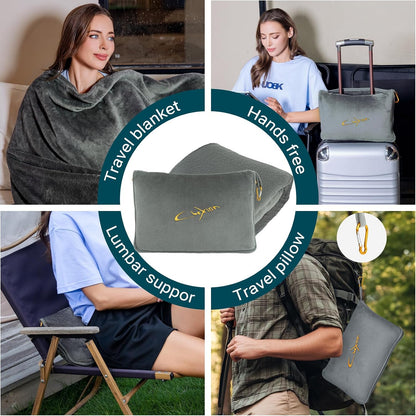 Compact Travel Blanket for Airplane, Premium Soft 2-in-1 Blanket with Pillowcase and Carry Bag, Lightweight Travel Essentials with Luggage Sleeve and Backpack Clip, Mint Green