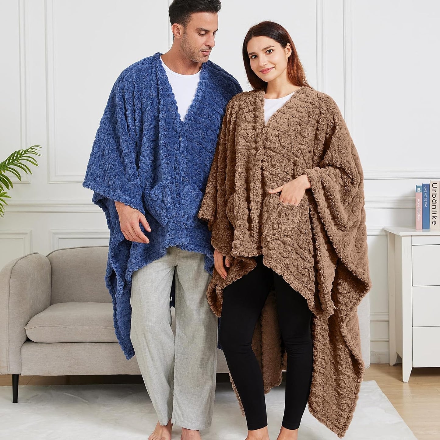 Wearable Blanket Poncho Cape Wrap for Adult, Cozy Sherpa Fleece Pocketed Shawl TV Throw Blankets for Office and Lounge(Purple,58'' x 64'')