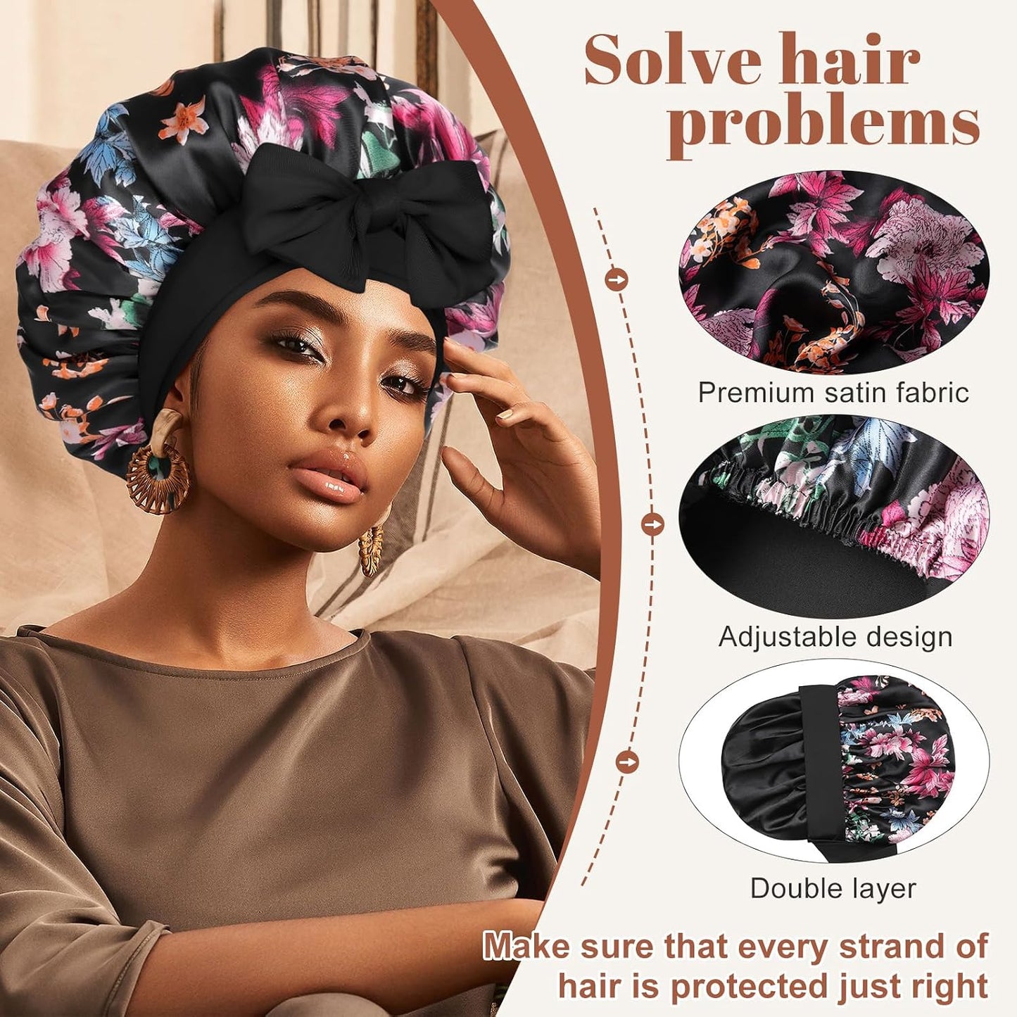 Satin Bonnet for Sleeping Cap Double Layer Hair Bonnet with Elastic Tie Band for Curly Hair Night Cap (Bean Paste + Pink)