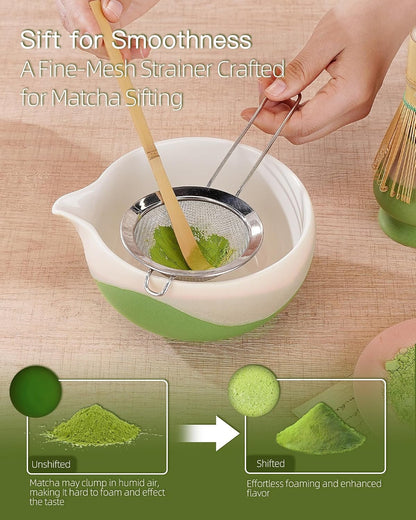 ZENS Matcha Whisk Set, Matcha Kit Set, Matcha Bowl with Spout, Bamboo Whisk & Scoop, Chasen Holder, 304 Sifter & Tea Mat, 6pcs Japaness Matcha Kit for Matcha Lovers, Birthday Gift, Pale Green