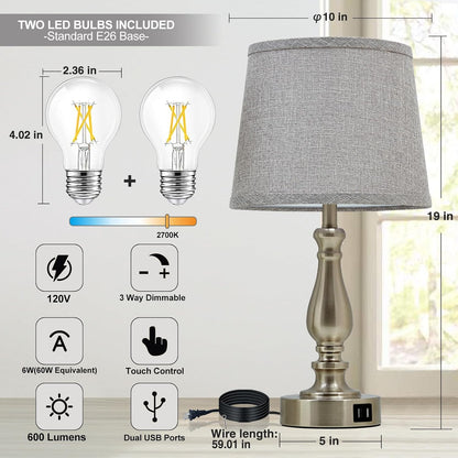 EJIAXIN Lamps for Bedrooms Set of 2, Brushed Nickel Bedside Lamps with USB C+A Ports,Dimmable Nightstand Lamps with Fabric Lampshade, Touch Table Lamp for Living Room Bedroom Office, Bulbs Included