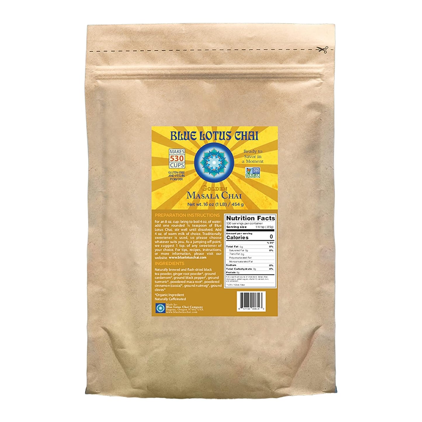 Blue Lotus Chai - Golden Masala Flavor Chai - Makes 100 Cups - 3 Ounce Masala Spiced Chai Powder with Organic Spices - Instant Indian Tea No Steeping - No Gluten