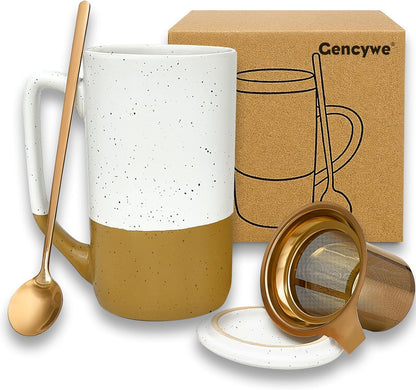 Gencywe Ceramics Large Tea Cup with Loose Leaf Infuser, Spoon and Lid, 16 oz Tall Coffee Mug, Microwave and Dishwasher Safe, Rustic Matte Ceramic Glaze, Tea Strainer, Amber