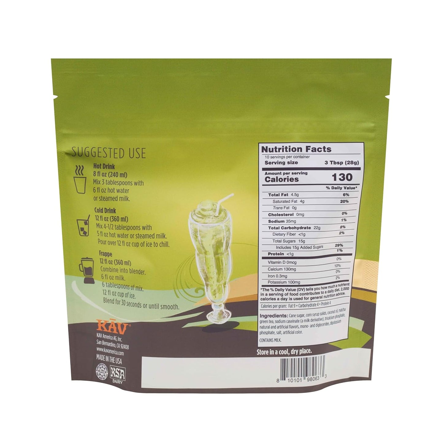 KAV Iced Blended Matcha Latte Frappe Mix | Instant, Ready-to-Mix Matcha Latte Powder for Hot or Cold Drinks – 10 oz