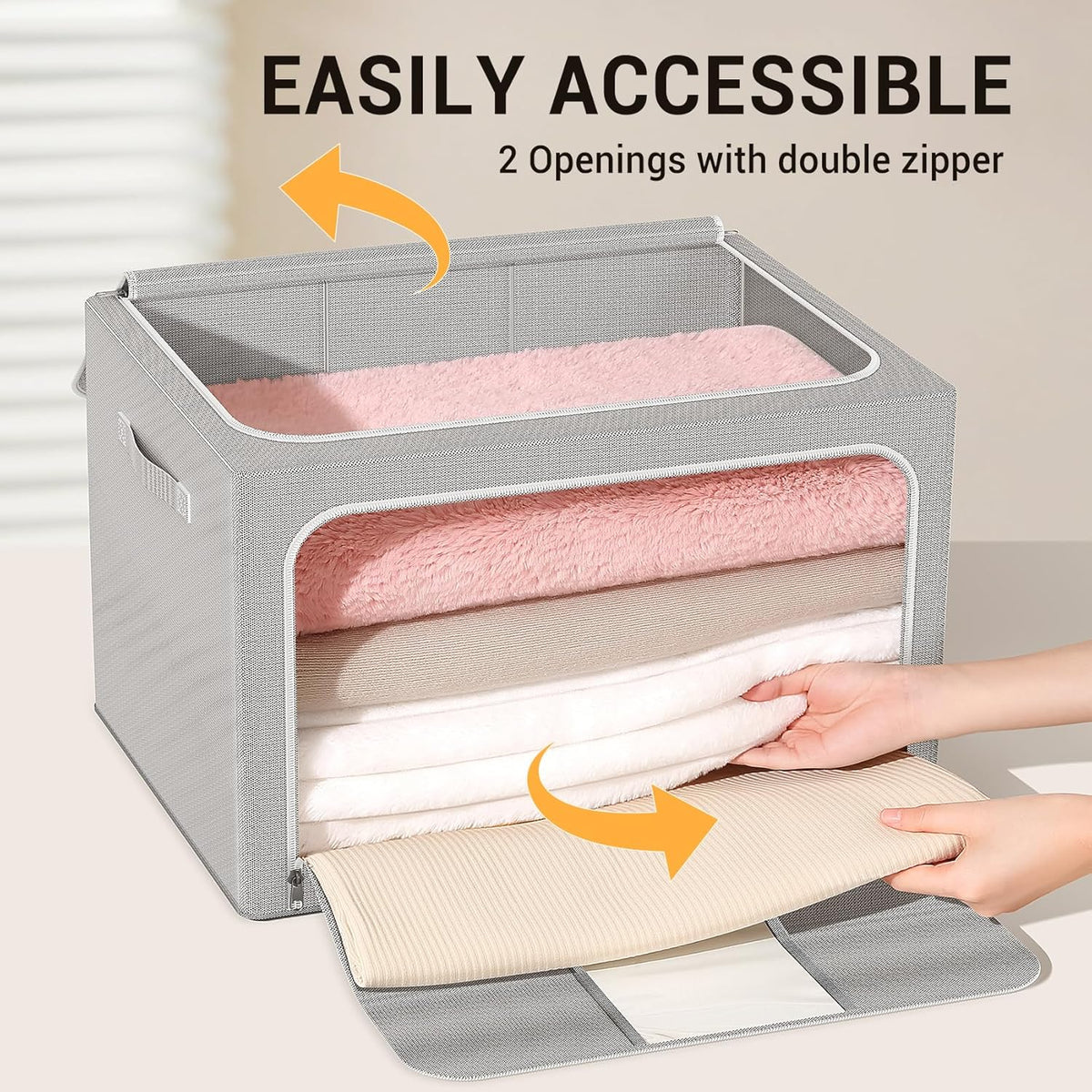 Clothes Storage Bins with Metal Frame Foldable Storage Box Clothes Organizers Storage Containers for Clothes Sheets Blankets Books Toys Gifts and Holiday Decorations (66Lx3 Pack)