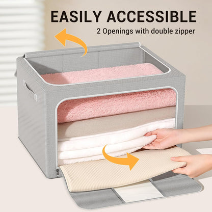 Clothes Storage Bins with Metal Frame Foldable Storage Box Clothes Organizers Storage Containers for Clothes Sheets Blankets Books Toys Gifts and Holiday Decorations (66Lx3 Pack)