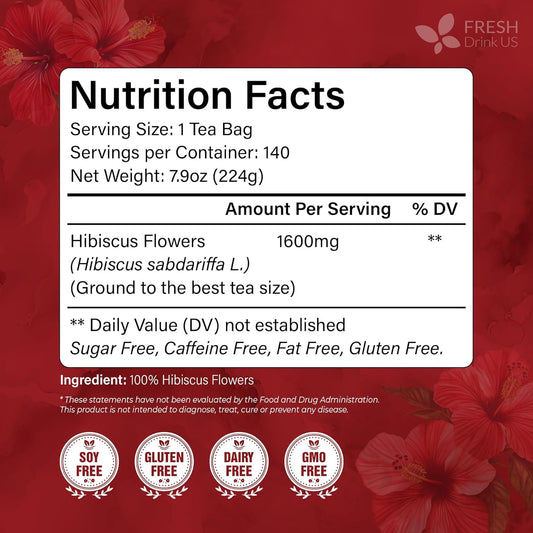 FRESHDRINKUS 140 Hibiscus Flowers Tea Bags, 100% Natural, Pure from Hibiscus Flowers. Loose Flower Hibiscus Herbal Tea. Hibiscus Flower Tea. No Sugar, No Caffeine, No Gluten, Vegan.