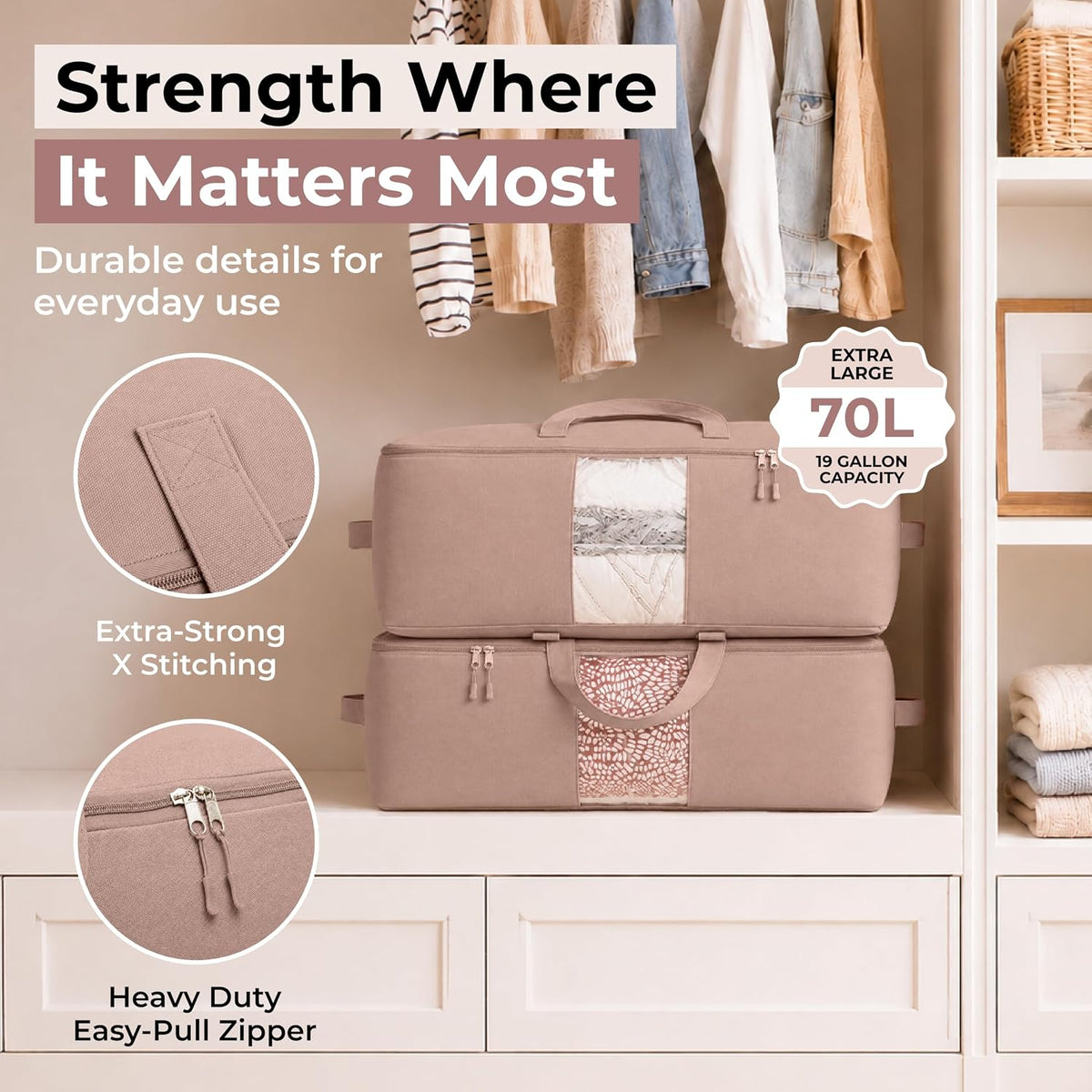 Soft Canvas Storage Bags with Zipper. Thick Breathable, 2pc King/Queen Comforter Organizer. Four Carrying Handles and Window. Large 25x19x9in Bag for Sheets Blankets Bedding Pillows, Clothes