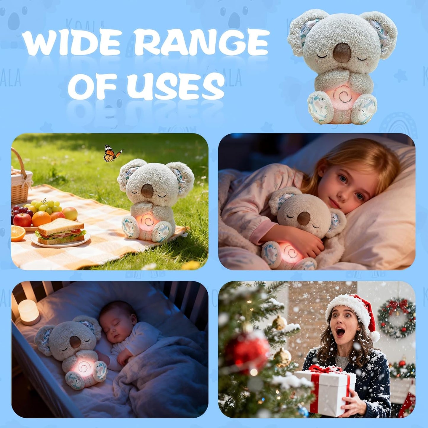 QFCST Relief Koala Breathing Stuffed Toy, Anxiety Relief Plush Breathing Animal, Sleeping Koala Plush Breathing with Musical Lights & Rhythmic Breathing Motion