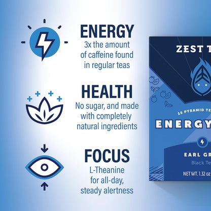 Zest High Caffeine Black Tea Bags – Earl Grey Energy Tea with Natural Bergamot – 150mg Caffeine per Cup – Focus & Morning Breakfast Tea for Energy – Caffeinated Coffee Substitute – 15Ct Box