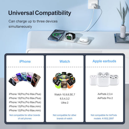 3 in 1 Charging Station for Multple Devices,Foldable 3 in 1 Wireless Charger for Travel,NANO Wireless Charging Station for iPhone17 16 15 14 13 12 Pro Max/Watch 10 9 8 7 6 5 4 3 Ultra/AirPod Pro