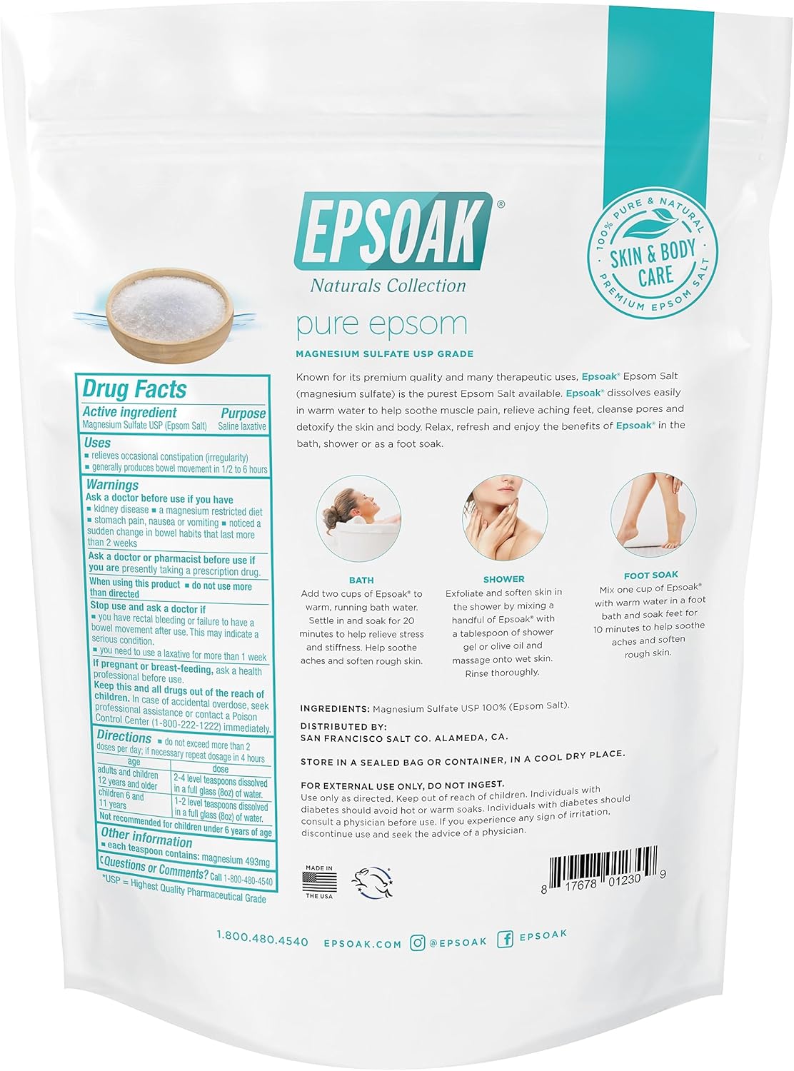 Epsoak Epsom Salt 38 lb. Magnesium Sulfate USP. (Qty. 2 x 19 lb. Bags) Resealable Epsom Salt Bag Unscented, Made in The USA, Cruelty-Free Certified