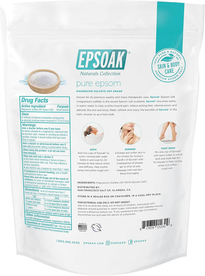 Epsoak Epsom Salt 38 lb. Magnesium Sulfate USP. (Qty. 2 x 19 lb. Bags) Resealable Epsom Salt Bag Unscented, Made in The USA, Cruelty-Free Certified