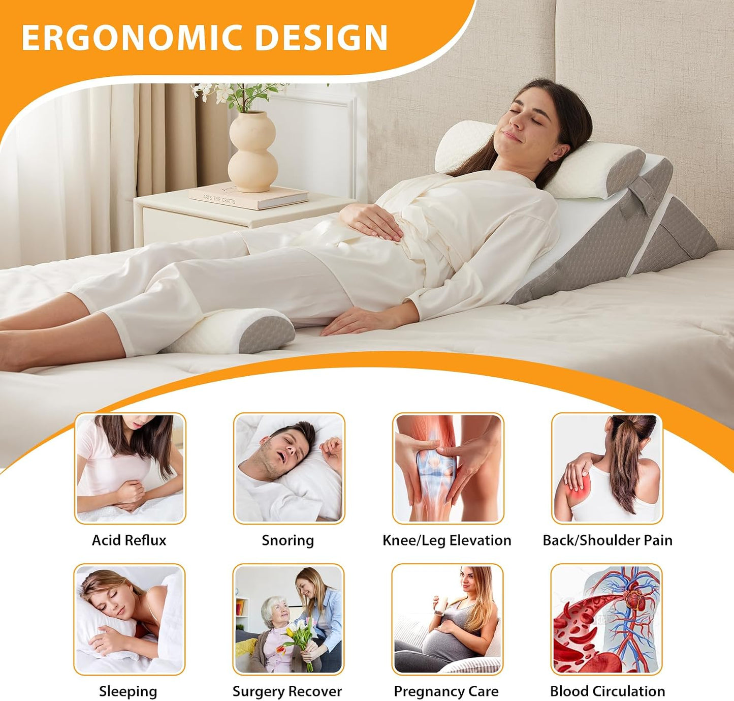 Ruqmuis Wedge Pillow Set for After Surgery, 3PCS Adjustable 9&12 Inch Bed Wedge Pillow for Sleeping, Incline Pillow Wedge for Headboard, Post Surgery, Acid Reflux, Neck&Back Support, White/Grey
