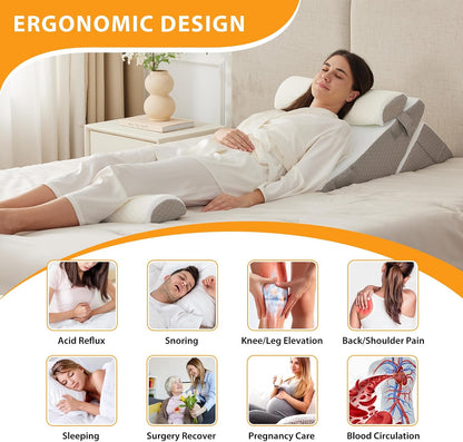 Ruqmuis Wedge Pillow Set for After Surgery, 3PCS Adjustable 9&12 Inch Bed Wedge Pillow for Sleeping, Incline Pillow Wedge for Headboard, Post Surgery, Acid Reflux, Neck&Back Support, White/Grey