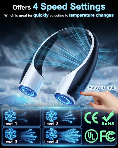 Rohent Portable Hands-Free Neck Fan - 4000mAh Battery, USB-C Rechargeable, Ultra-Quiet, 4 Adjustable Speeds – Perfect for Office, Outdoor, and Travel Use