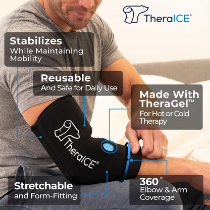TheraICE Elbow Ice Pack Wrap Compression Sleeve for Injuries Reusable Gel Arm Cold Packs | Tennis Elbow Golfers & Cubital Tunnel, Tendinitis Pain Relief | Plus Shin Splints, Calf Strain | Women & Men