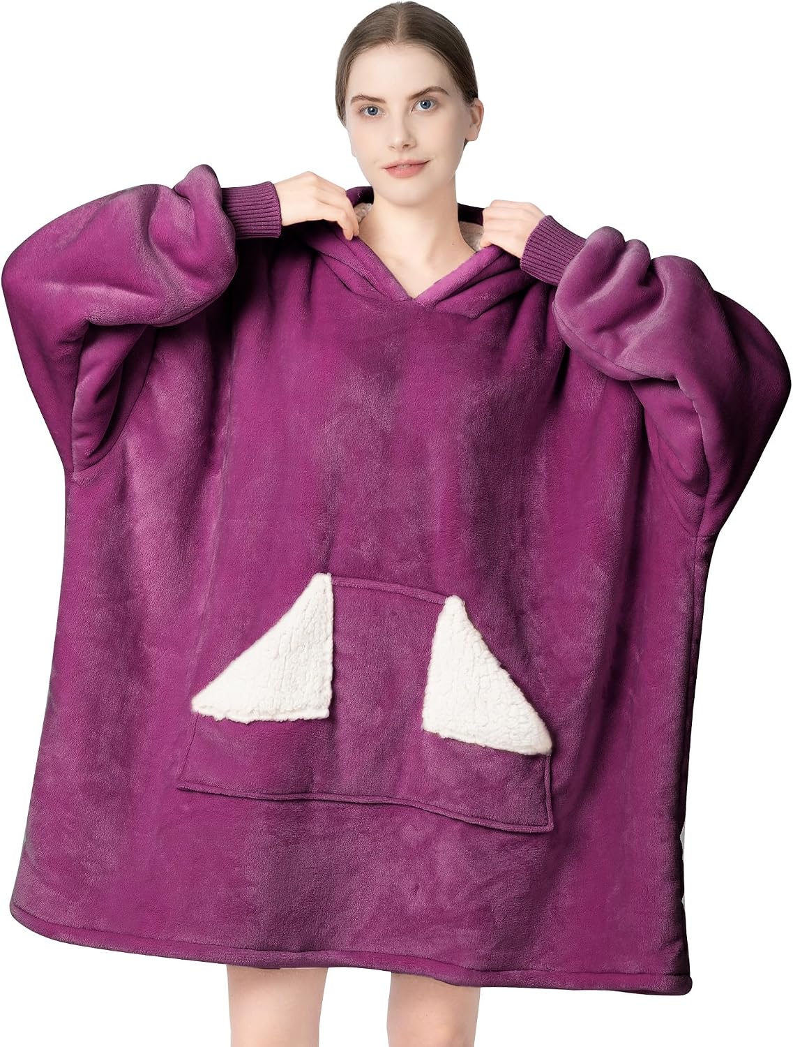 Touchat Wearable Blanket Hoodie, Oversized Sherpa Blanket Sweatshirt with Hood Pocket and Sleeves, Super Soft Warm Plush Hooded Blanket for Adult Women Men, One Size Fits All (Pink)