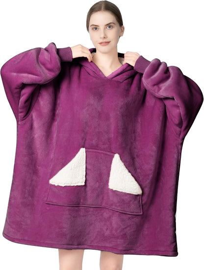 Touchat Wearable Blanket Hoodie, Oversized Sherpa Blanket Sweatshirt with Hood Pocket and Sleeves, Super Soft Warm Plush Hooded Blanket for Adult Women Men, One Size Fits All (Pink)