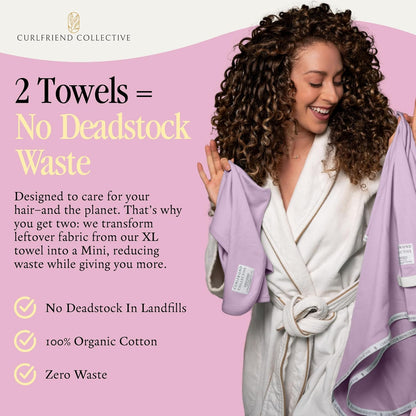 Curlfriend Collective Cotton Cloud T-Shirt Hair Towel Duo – Sage The Day Hair Towel Wrap for Women, XL + Mini Hair Drying Towels for Curly Hair, No-Slip Plopping Towel, Ultra Absorbent Cotton