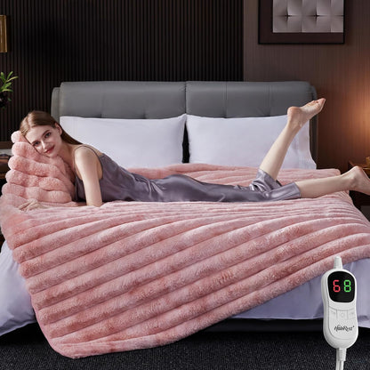 Heated Throw Blanket, Faux Fur Cozy Heating Blanket with Overheat Protection, 1/2/4/6/8 Hours Auto-Off 10 Heat Level, Machine Washable (50x60 Inches, Cream White)