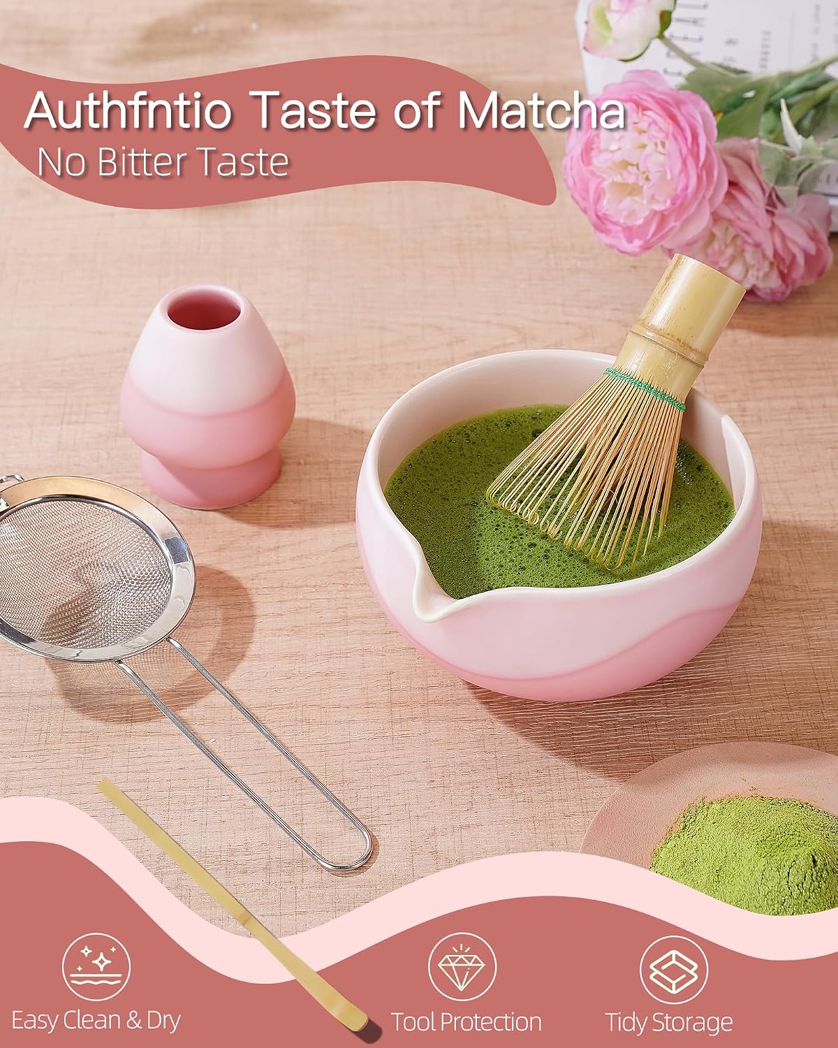 ZENS Matcha Whisk Set, Matcha Kit Set, Matcha Bowl with Spout, Bamboo Whisk & Scoop, Chasen Holder, 304 Sifter & Tea Mat, 6pcs Japaness Matcha Kit for Matcha Lovers, Birthday Gift, Pale Green