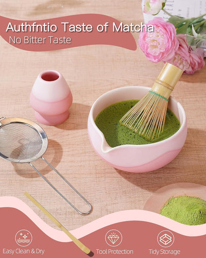 ZENS Matcha Whisk Set, Matcha Kit Set, Matcha Bowl with Spout, Bamboo Whisk & Scoop, Chasen Holder, 304 Sifter & Tea Mat, 6pcs Japaness Matcha Kit for Matcha Lovers, Birthday Gift, Pale Green