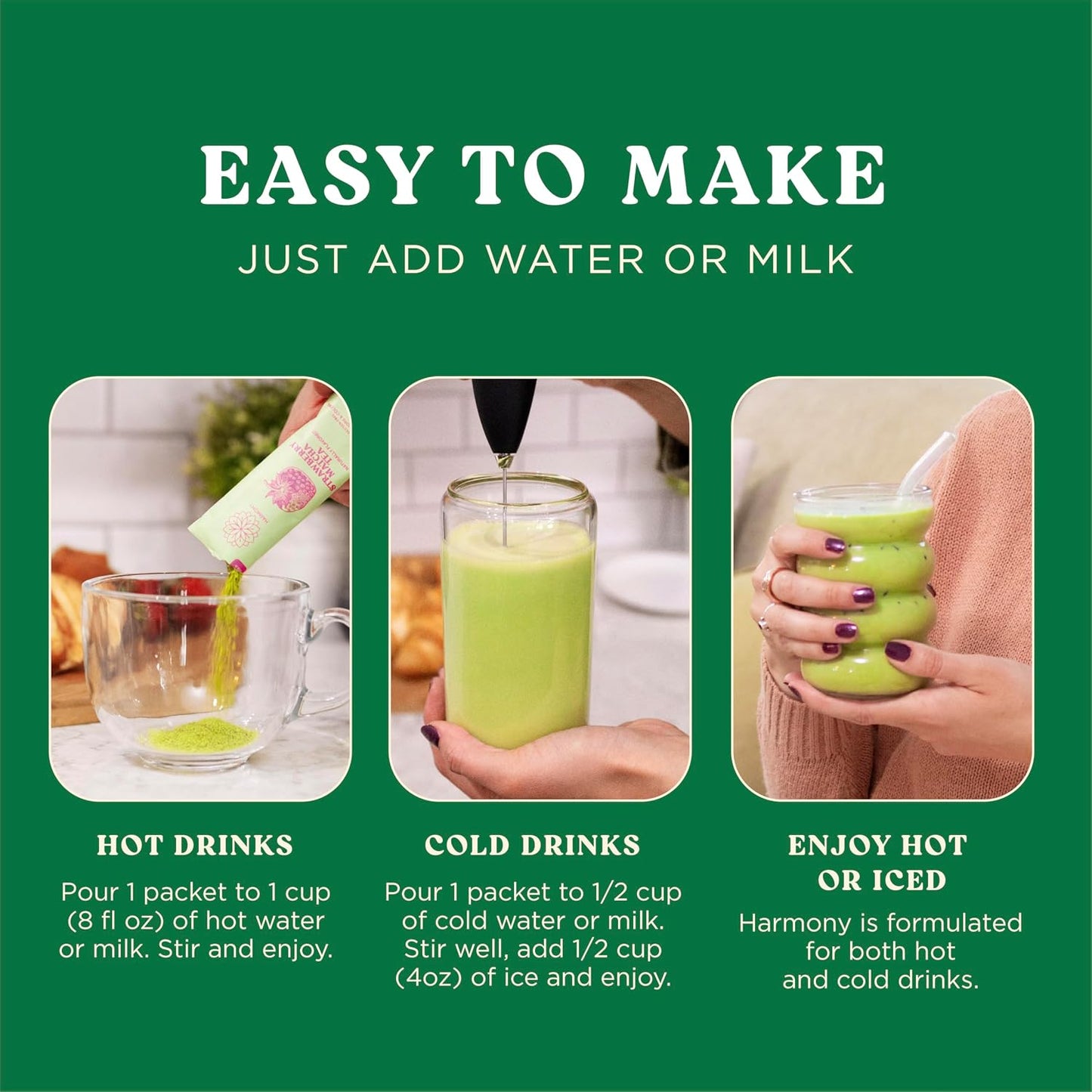 The Harmony Matcha Vanilla (10 Sticks) Premium Sweetened Japanese Matcha Powder, Rich in Antioxidants & L-Theanine, Dairy, Gluten, & Preservative Free, Serve Hot or Iced